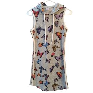 Hoodie Dress, Sweatshirt XS Mini Dress w/ Butterfly Print & Athletic Trim, Hood